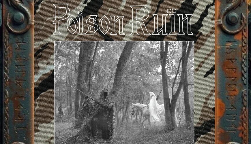 Albumcover von Poison Ruïn – Hymns From The Hills: düstere, verwitterte Hügelwelt mit mittelalterlich anmutender Symbolik und unheilvoller Atmosphäre.