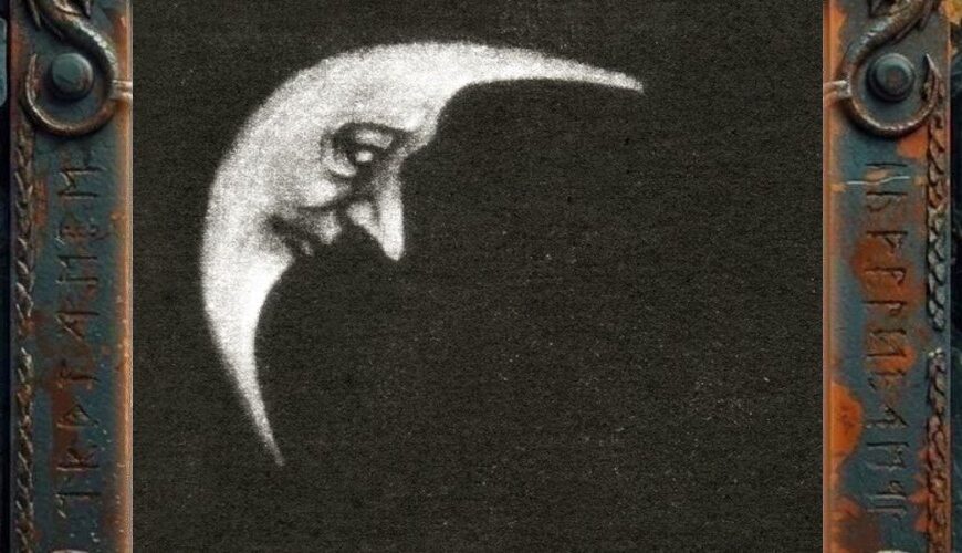 Albumcover Crippled Black Phoenix – Sceaduhelm: fast komplett schwarzes, körniges Cover mit blasser mondförmiger Fratze im oberen linken Bereich, geisterhaft und minimalistisch.