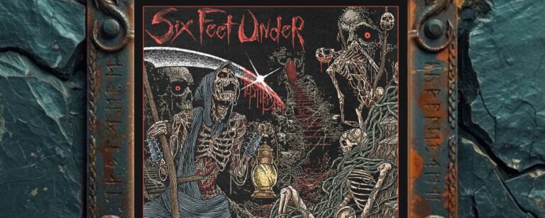 Albumcover von Six Feet Under – Next To Die: düsteres Old-School-Death-Metal-Artwork mit Sensenmann, Skeletten, rotem Bandlogo, Laterne, Ruinen und finsterer Friedhofsatmosphäre.