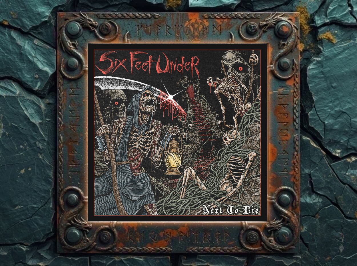 Albumcover von Six Feet Under – Next To Die: düsteres Old-School-Death-Metal-Artwork mit Sensenmann, Skeletten, rotem Bandlogo, Laterne, Ruinen und finsterer Friedhofsatmosphäre.