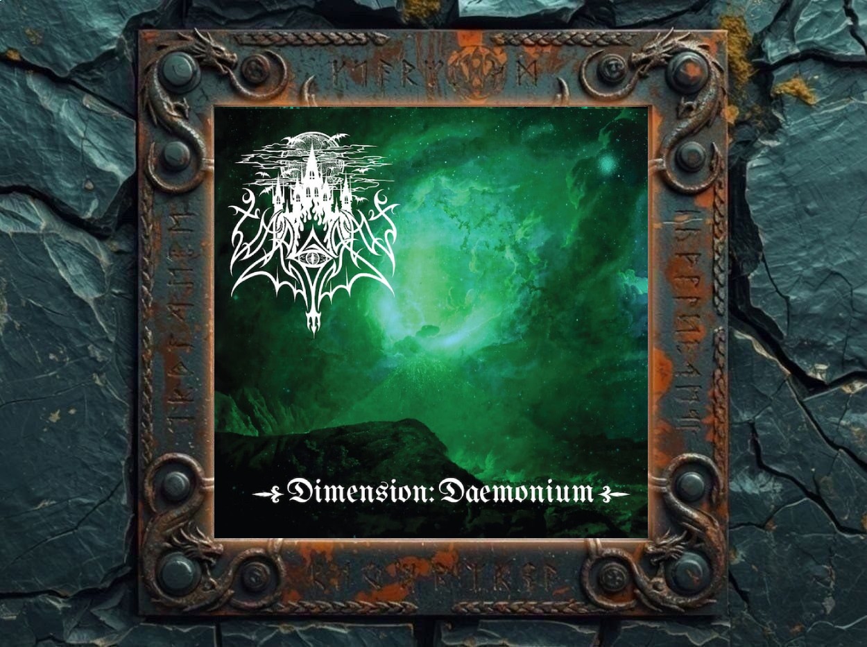 Albumcover Vargrav – Dimension: Daemonium: grün leuchtender kosmischer Nebel über dunkler Landschaft, oben ein weißes, filigranes Black-Metal-Logo, unten der Albumtitel in klassischer Schrift.