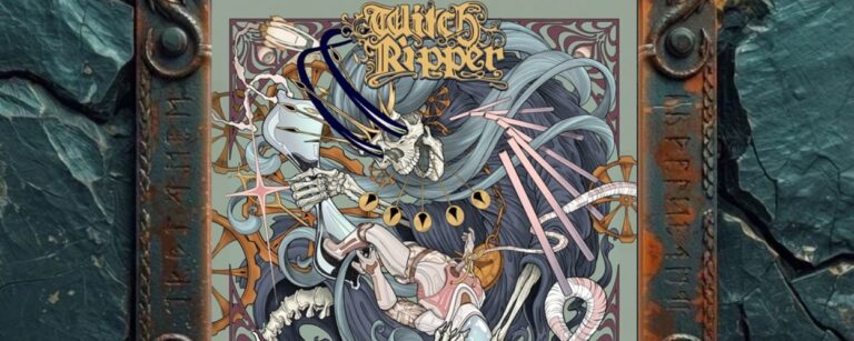 Albumcover Through the Hourglass von Witch Ripper: ornamentale Fantasy-Horror-Figur mit Skelettarmen, goldenen Uhrwerk-Elementen und eingeklemmter Gestalt in pastellfarbenem Art-Nouveau-Stil.
