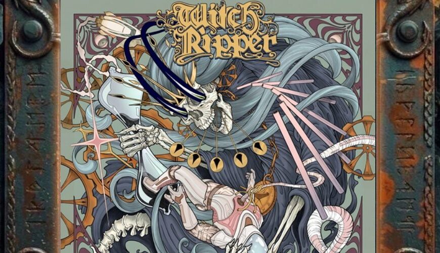 Albumcover Through the Hourglass von Witch Ripper: ornamentale Fantasy-Horror-Figur mit Skelettarmen, goldenen Uhrwerk-Elementen und eingeklemmter Gestalt in pastellfarbenem Art-Nouveau-Stil.