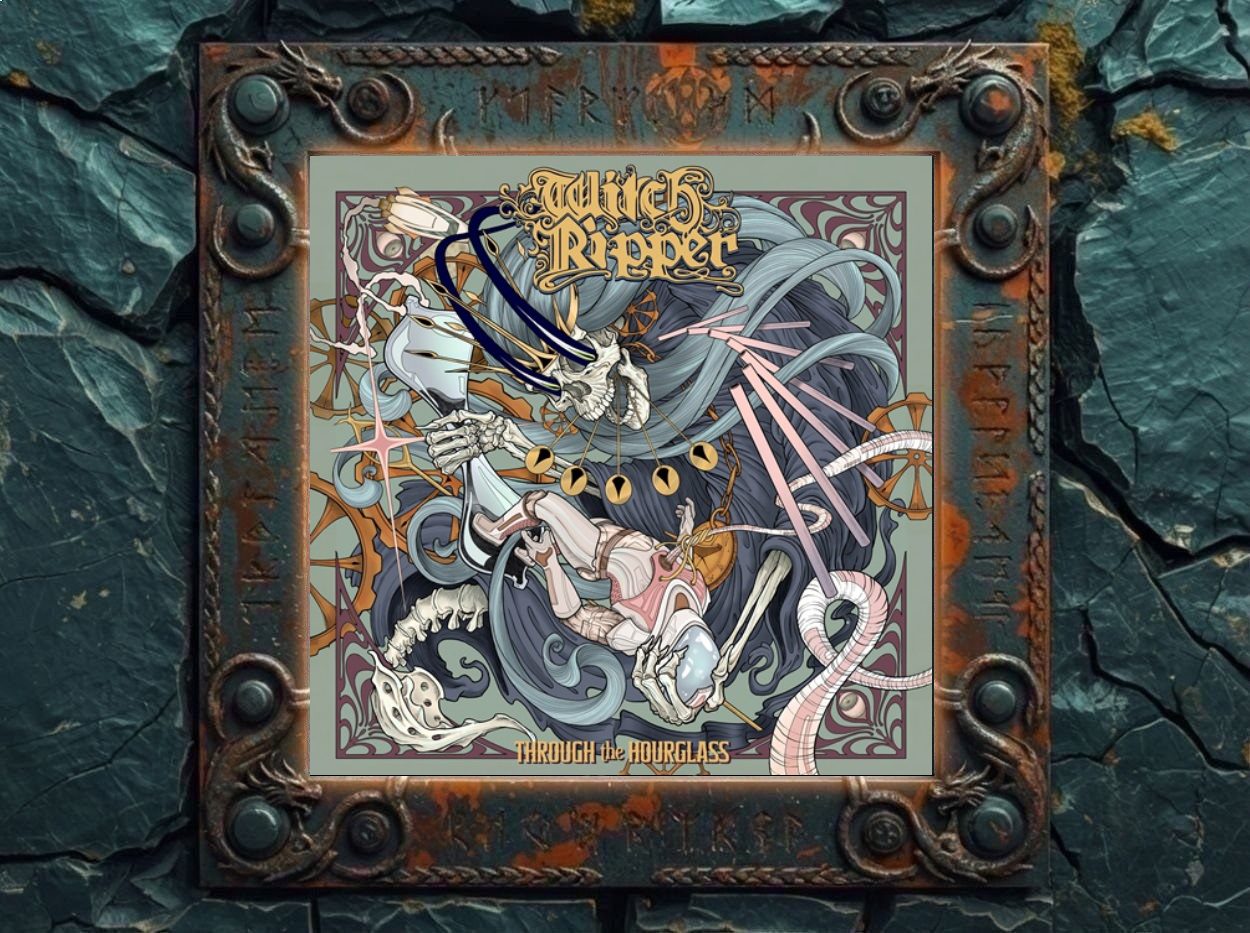 Albumcover Through the Hourglass von Witch Ripper: ornamentale Fantasy-Horror-Figur mit Skelettarmen, goldenen Uhrwerk-Elementen und eingeklemmter Gestalt in pastellfarbenem Art-Nouveau-Stil.
