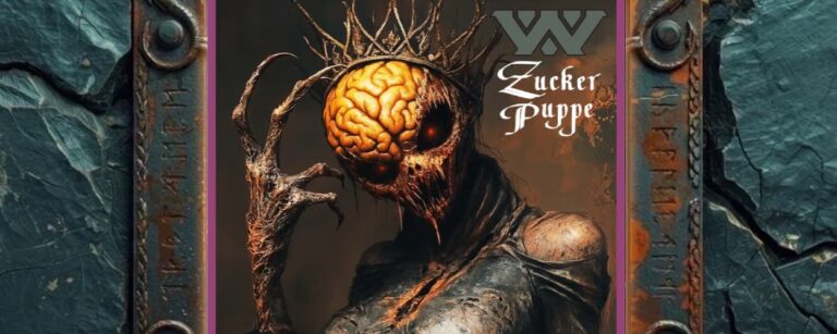 Albumcover Zuckerpuppe von :Wumpscut:: groteske weibliche Horrorfigur mit freiliegendem orangefarbenem Gehirn, glühenden Augenhöhlen, dürrer Klauenhand und wurzelartigen Auswüchsen vor dunklem Hintergrund.