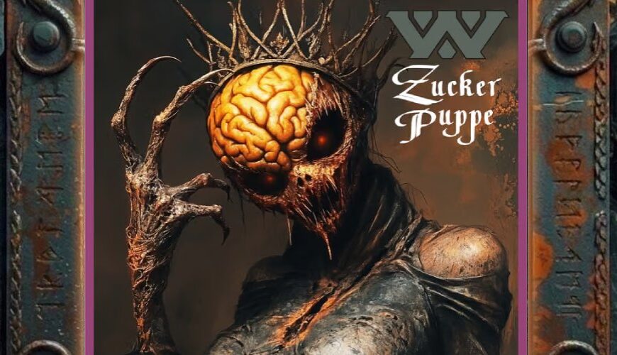 Albumcover Zuckerpuppe von :Wumpscut:: groteske weibliche Horrorfigur mit freiliegendem orangefarbenem Gehirn, glühenden Augenhöhlen, dürrer Klauenhand und wurzelartigen Auswüchsen vor dunklem Hintergrund.