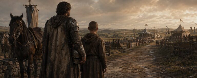 A Knight of the Seven Kingdoms als bodenständige Westeros-Fantasy mit Heckenritter, jungem Knappen und Turnierplatz im Hintergrund.