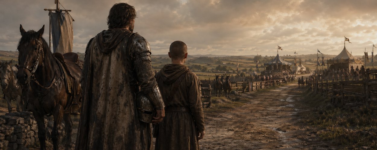 A Knight of the Seven Kingdoms als bodenständige Westeros-Fantasy mit Heckenritter, jungem Knappen und Turnierplatz im Hintergrund.