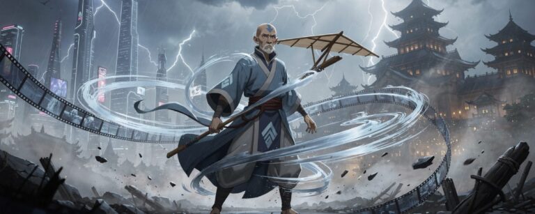 Ein erwachsener Aang in stürmischer Fantasy-Kulisse steht zwischen wirbelnden Filmstreifen und zerbrochenem Licht.