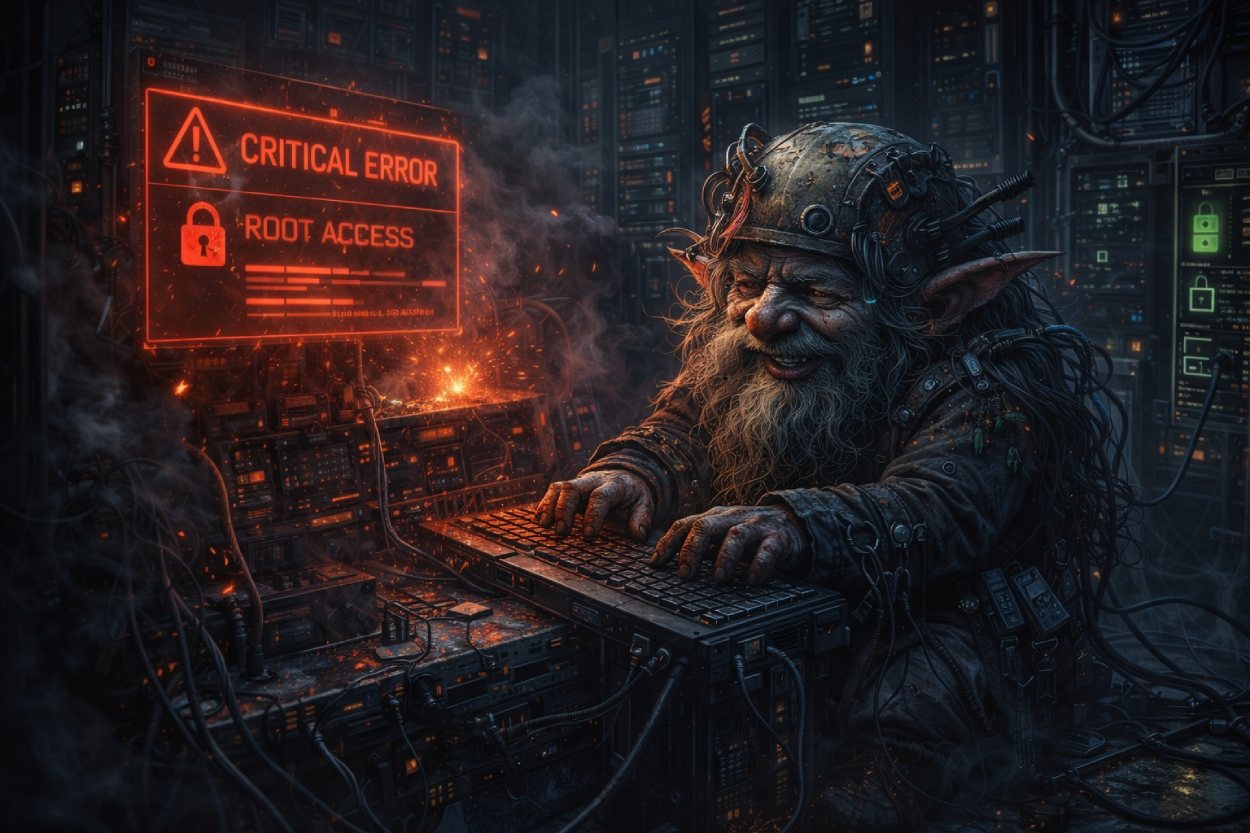 Verwilderter Administrationsschrat mit Datenhelm sitzt in einem brennenden Serverraum, tippt grinsend auf einer Tastatur und ignoriert rote Warnmeldungen mit Root-Zugriff.