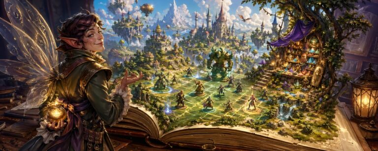 Eine aufgeklappte Bilderbuch-Fantasywelt mit kleinen Heldenfiguren, magischem Spielfeld und einem schelmischen Händler mit Münzbeutel.