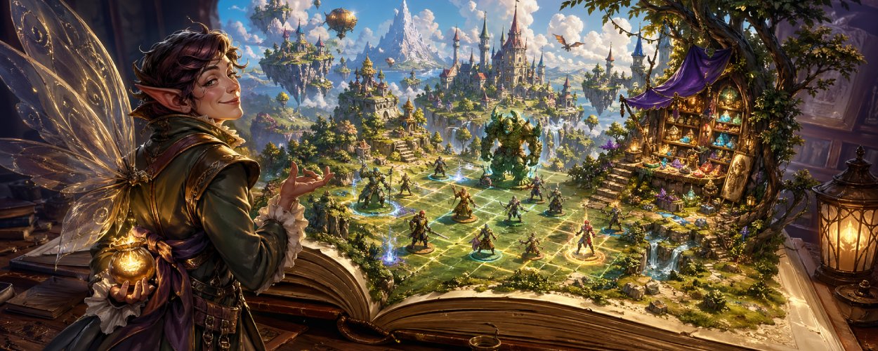 Eine aufgeklappte Bilderbuch-Fantasywelt mit kleinen Heldenfiguren, magischem Spielfeld und einem schelmischen Händler mit Münzbeutel.