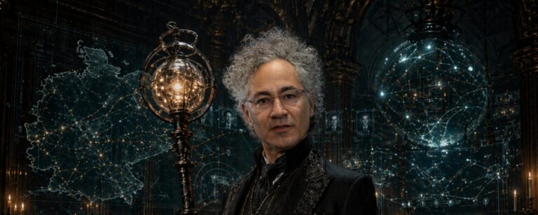 Alex Karp in dunkler, fast priesterlicher Kleidung steht in einer düsteren Kommandohalle voller leuchtender Netzwerkkarten, Datenkugeln und digitaler Überwachungsdiagramme. In der Hand hält er ein okkult wirkendes Technologiezepter, während hinter ihm ein finsteres Lagezentrum aus Karten, Porträts und Kontrollsymbolen die Vision einer allwissenden Datenherrschaft heraufbeschwört.