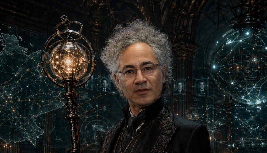 Alex Karp in dunkler, fast priesterlicher Kleidung steht in einer düsteren Kommandohalle voller leuchtender Netzwerkkarten, Datenkugeln und digitaler Überwachungsdiagramme. In der Hand hält er ein okkult wirkendes Technologiezepter, während hinter ihm ein finsteres Lagezentrum aus Karten, Porträts und Kontrollsymbolen die Vision einer allwissenden Datenherrschaft heraufbeschwört.