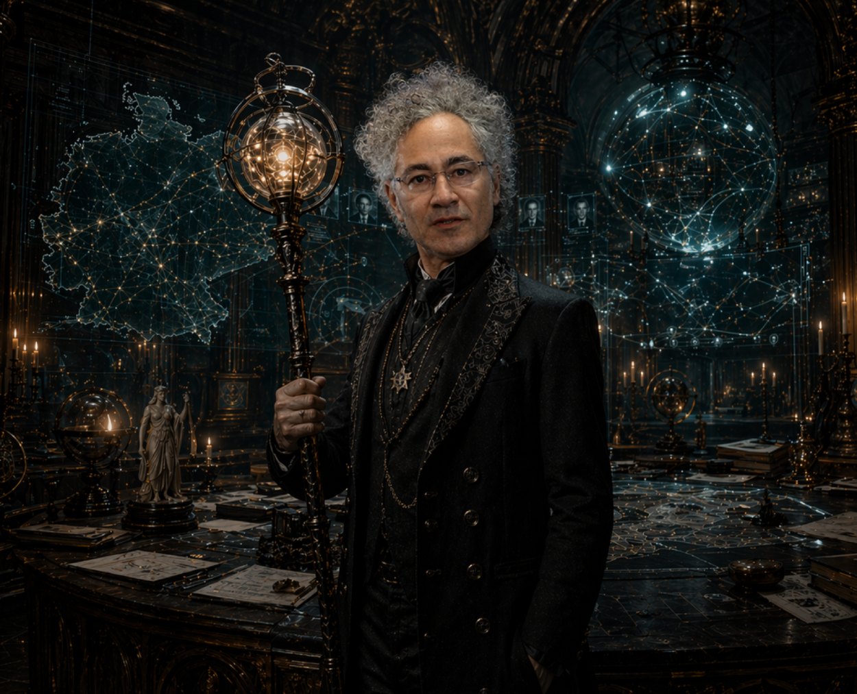 Alex Karp in dunkler, fast priesterlicher Kleidung steht in einer düsteren Kommandohalle voller leuchtender Netzwerkkarten, Datenkugeln und digitaler Überwachungsdiagramme. In der Hand hält er ein okkult wirkendes Technologiezepter, während hinter ihm ein finsteres Lagezentrum aus Karten, Porträts und Kontrollsymbolen die Vision einer allwissenden Datenherrschaft heraufbeschwört.