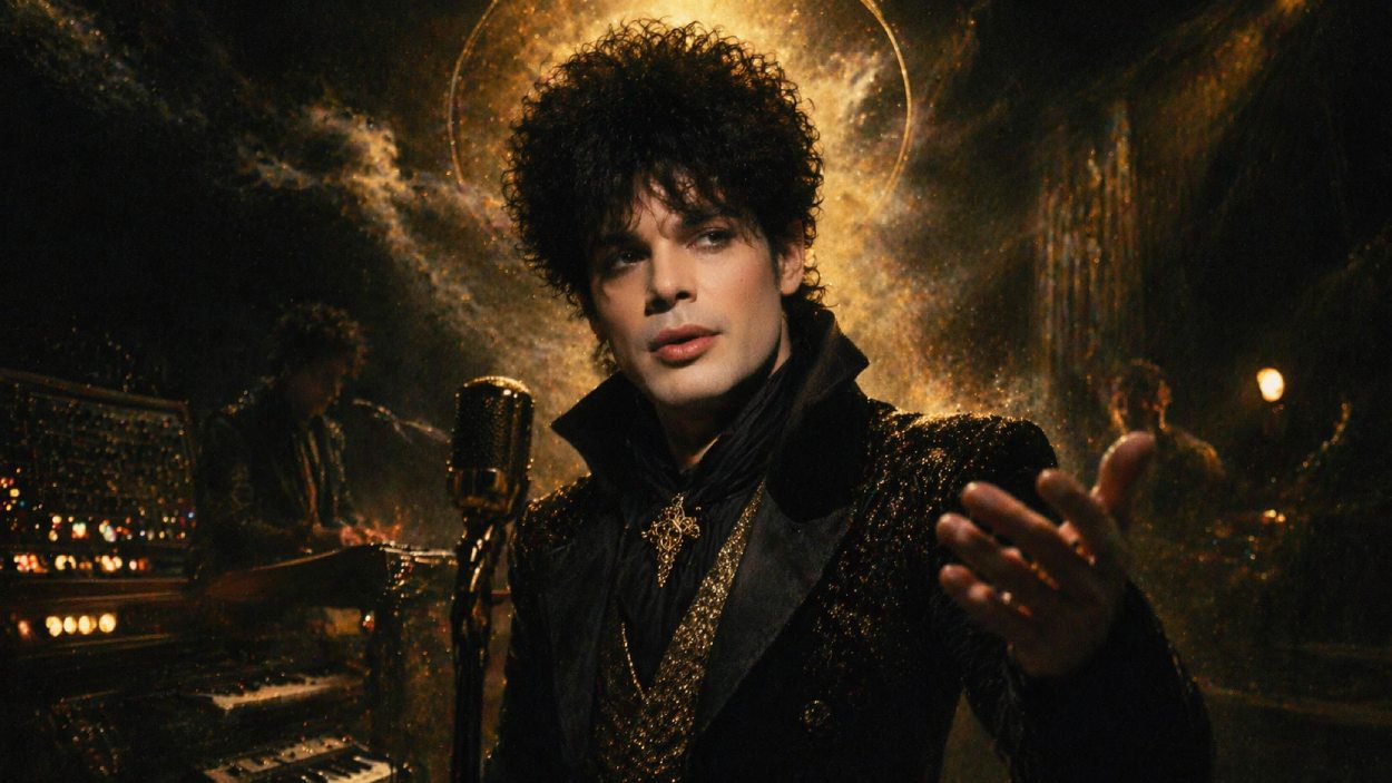 Goldschimmernde Synthie-Gestalt mit dunklem Lockenhaar und sakraler Aura vor Mikrofon und Keyboards, als würde hinter Alphaville in Wahrheit ein alter Zwischenreichsfürst stehen.