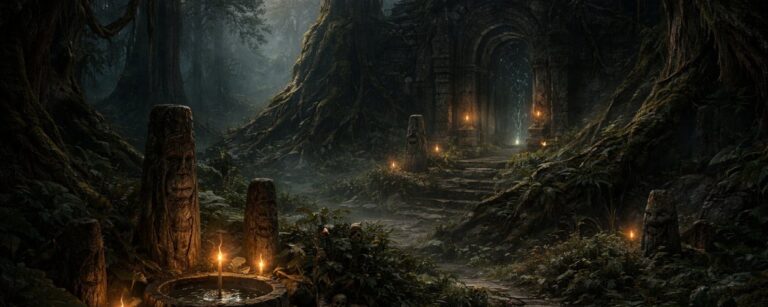 Ein dichter Wald mit altem Bauwerk, Totems und angedeuteten Runen zeigt die filmische Fantasy-Stimmung von Andrew Averkins Projekt Ash.