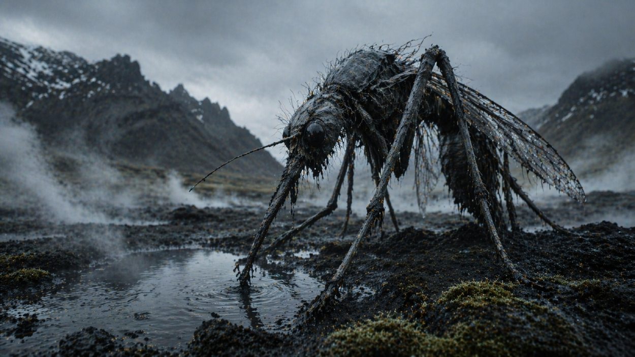 Aschenschnaker von Reykdal in einer düsteren isländischen Vulkanlandschaft, ein langbeiniges schwarzes Insektenwesen über einem dampfenden Wasserloch.