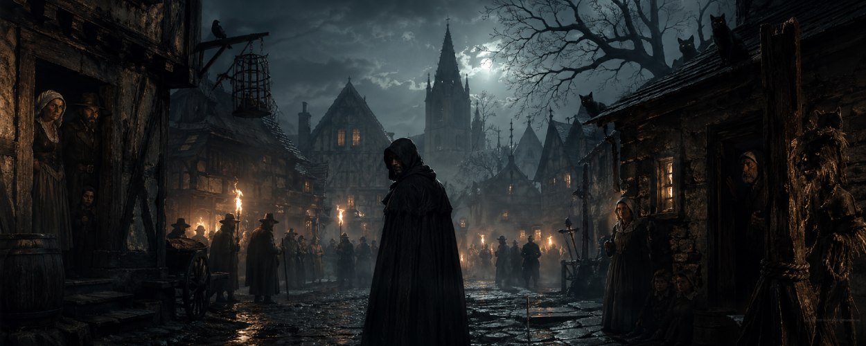 Eine düstere historische Szene zu Assassin’s Creed Hexe mit verhüllter Gestalt, Hexenprozess-Stimmung, Fackeln und einer Katze auf dem Dach.