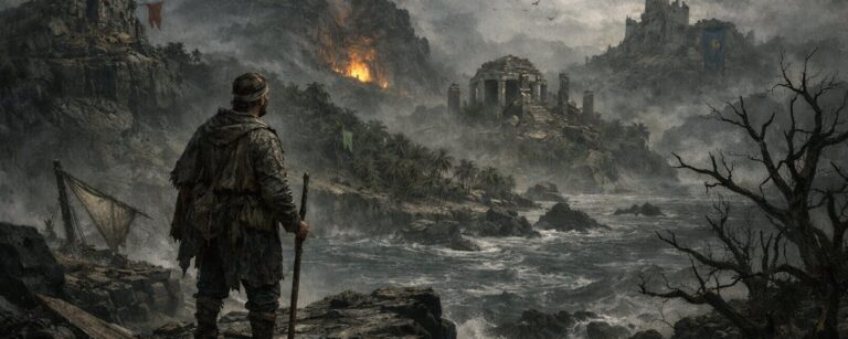 Ein Schiffbrüchiger blickt über eine düstere Insel mit Ruinen, Minen und Fraktionsbannern und deutet die Welt von Asterfel an.