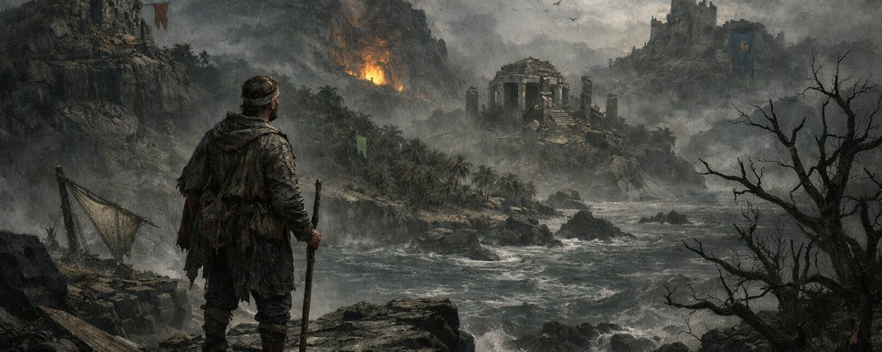 Ein Schiffbrüchiger blickt über eine düstere Insel mit Ruinen, Minen und Fraktionsbannern und deutet die Welt von Asterfel an.