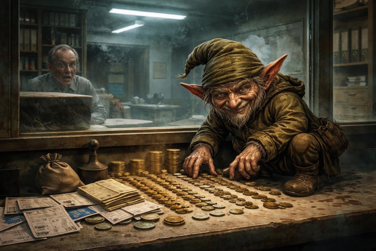 Verschmitzter Bannewitzer Pfenniggnom sortiert nachts in einer Gemeindekasse Münzen, Parkscheine und Einkaufswagenchips, während ein erschrockener Beamter hinter Glas zusieht.