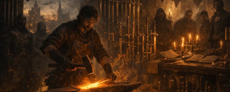 Bladesong Chapter 2 zeigt eine düstere Fantasy-Schmiede mit glühender Klinge, Fraktionen, Rebellen und politischer Spannung.