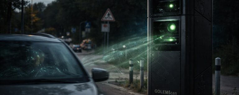 Dunkle Messsäule an einer deutschen Straße, die nicht nur Autos erfasst, sondern wie ein unheimliches Kontrollsystem die Absichten der Fahrer scannt.