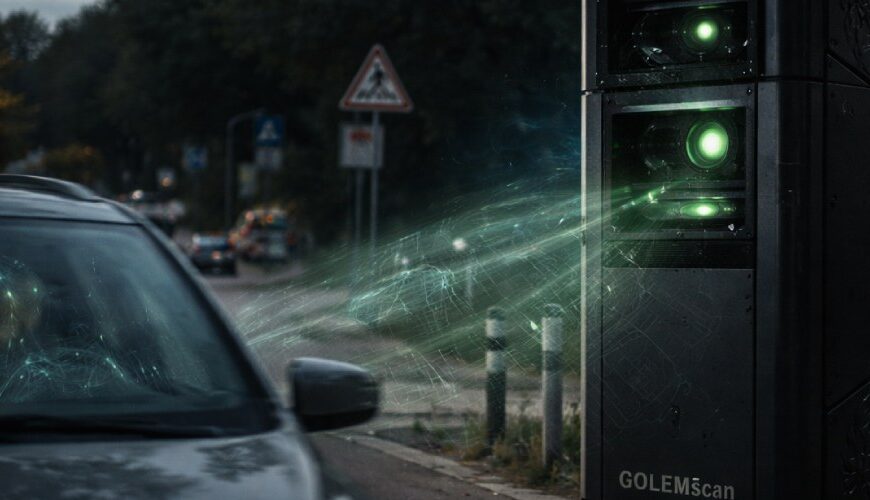 Dunkle Messsäule an einer deutschen Straße, die nicht nur Autos erfasst, sondern wie ein unheimliches Kontrollsystem die Absichten der Fahrer scannt.