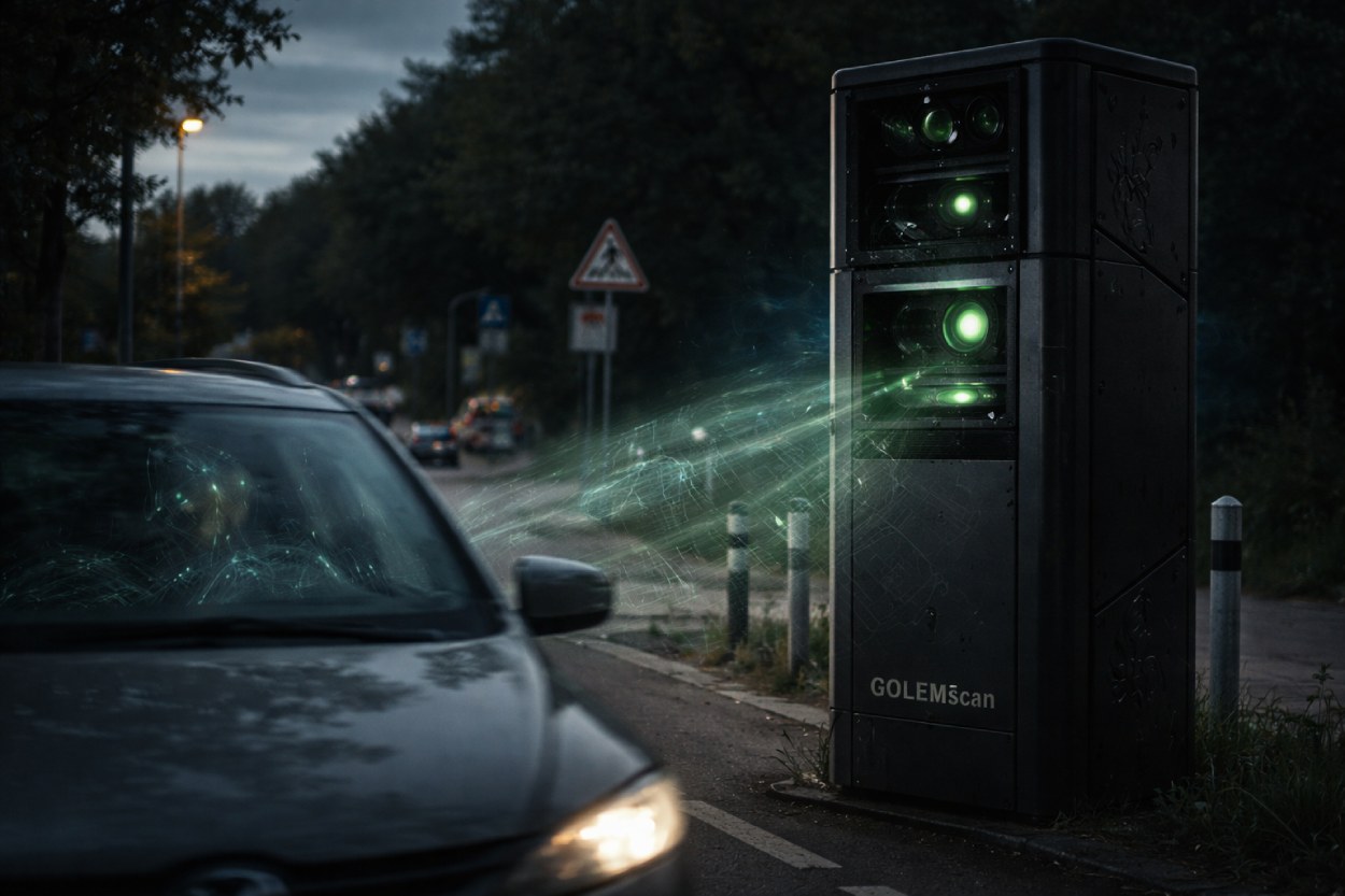 Dunkle Messsäule an einer deutschen Straße, die nicht nur Autos erfasst, sondern wie ein unheimliches Kontrollsystem die Absichten der Fahrer scannt.