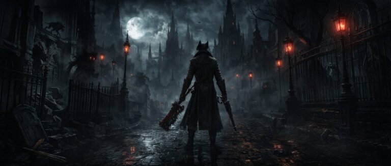 Ein düsterer Jäger steht in einer albtraumhaften Gothic-Stadt wie Yharnam und blickt in eine von Nebel und Bestien bedrohte Nacht.