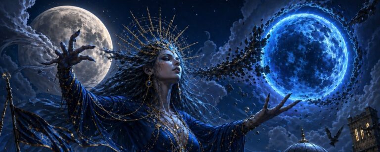 Zwei Vollmonde stehen über einer düsteren Stadt, während Elyra als gewaltige Sternengöttin im Nachthimmel erscheint und blaues Mondlicht über Dächer, Türme und Wolken legt.