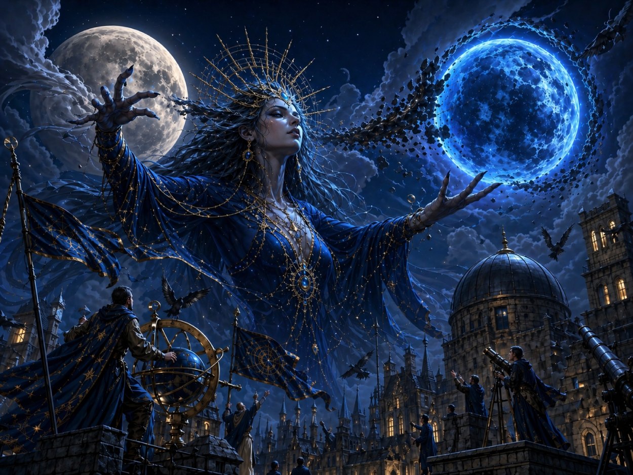 Zwei Vollmonde stehen über einer düsteren Stadt, während Elyra als gewaltige Sternengöttin im Nachthimmel erscheint und blaues Mondlicht über Dächer, Türme und Wolken legt.