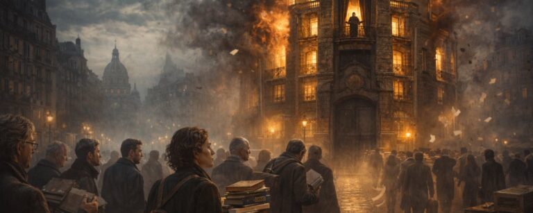 Autoren verlassen mit Büchern und Manuskripten einen brennenden Pariser Verlagsturm, während eine dunkle Gestalt auf dem Balkon über der literarischen Festung steht.