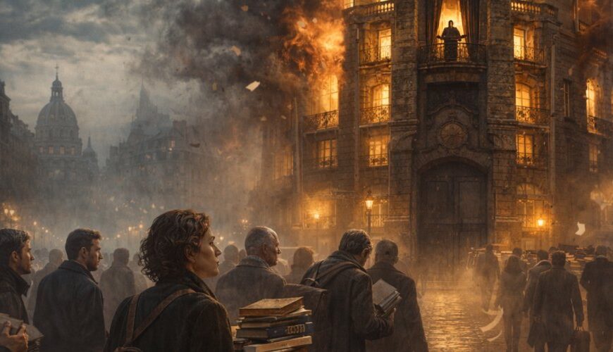 Autoren verlassen mit Büchern und Manuskripten einen brennenden Pariser Verlagsturm, während eine dunkle Gestalt auf dem Balkon über der literarischen Festung steht.