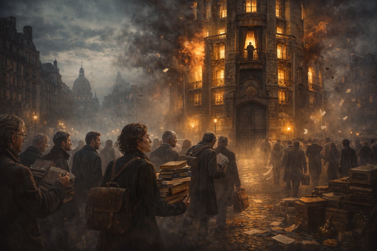 Autoren verlassen mit Büchern und Manuskripten einen brennenden Pariser Verlagsturm, während eine dunkle Gestalt auf dem Balkon über der literarischen Festung steht.