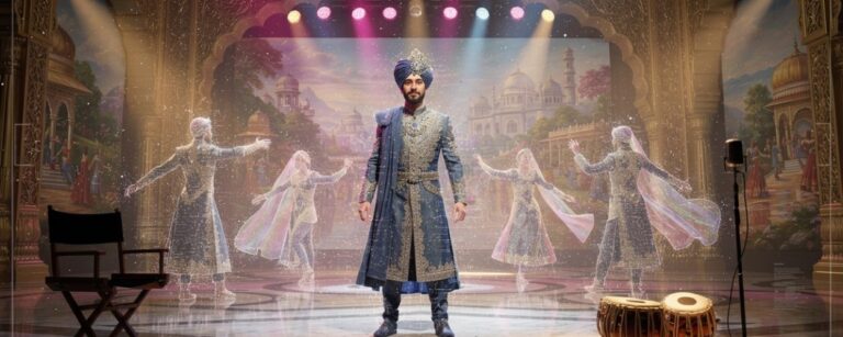 Prunkvolle Bollywood-Bühne mit einem künstlich wirkenden Maharadscha in der Mitte, geisterhaften digitalen Tänzern, leerem Regiestuhl sowie Mikrofon und Tabla als letzten menschlichen Spuren eines KI-Films.