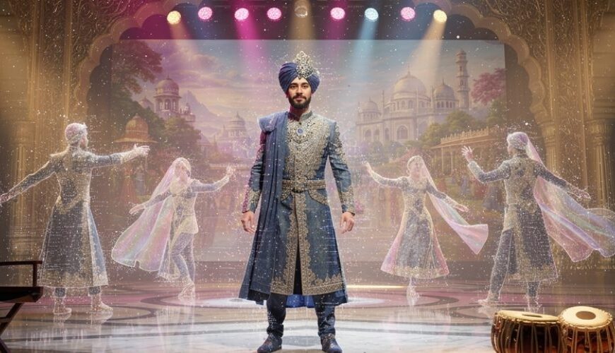 Prunkvolle Bollywood-Bühne mit einem künstlich wirkenden Maharadscha in der Mitte, geisterhaften digitalen Tänzern, leerem Regiestuhl sowie Mikrofon und Tabla als letzten menschlichen Spuren eines KI-Films.