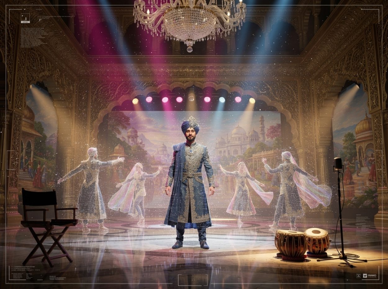 Prunkvolle Bollywood-Bühne mit einem künstlich wirkenden Maharadscha in der Mitte, geisterhaften digitalen Tänzern, leerem Regiestuhl sowie Mikrofon und Tabla als letzten menschlichen Spuren eines KI-Films.