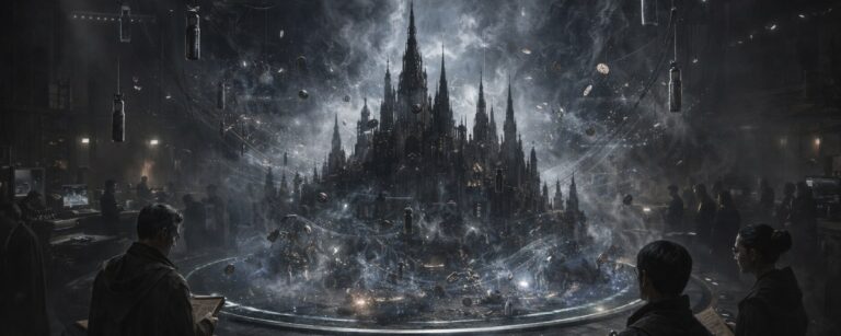 Eine düstere Fantasystadt aus Asche und Metall schwebt als Filmkonzept für die Mistborn-Verfilmung über einem Planungstisch.
