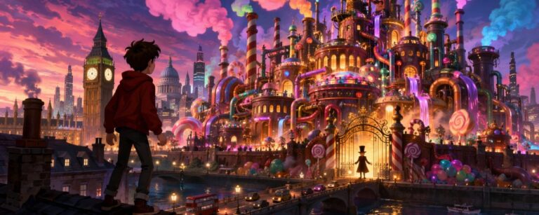 Charlie vs. the Chocolate Factory zeigt einen Jungen vor einer riesigen, fantastischen Schokoladenfabrik im modernen London.