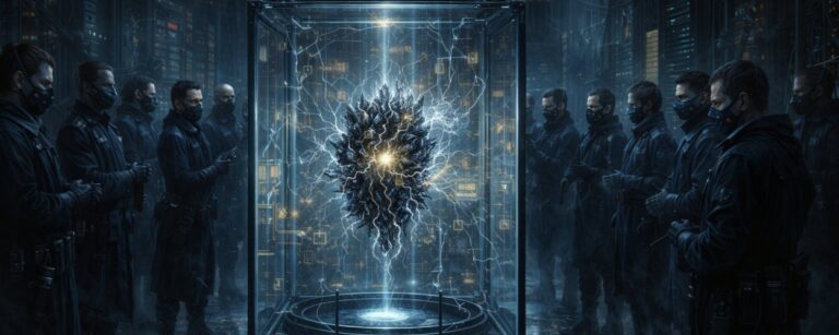 Dunkles KI-Orakel in einem rissigen Glaskäfig, bewacht von maskierten Sicherheitswächtern in einem finsteren Servertempel voller Kabel, Nebel und kaltem Licht.