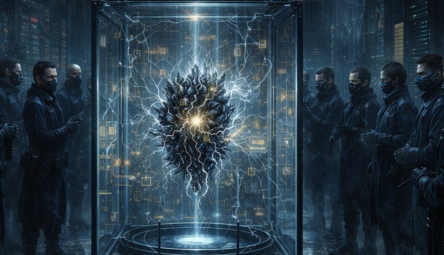 Dunkles KI-Orakel in einem rissigen Glaskäfig, bewacht von maskierten Sicherheitswächtern in einem finsteren Servertempel voller Kabel, Nebel und kaltem Licht.
