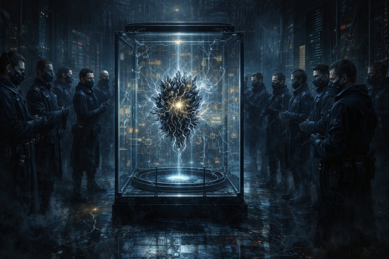 Dunkles KI-Orakel in einem rissigen Glaskäfig, bewacht von maskierten Sicherheitswächtern in einem finsteren Servertempel voller Kabel, Nebel und kaltem Licht.