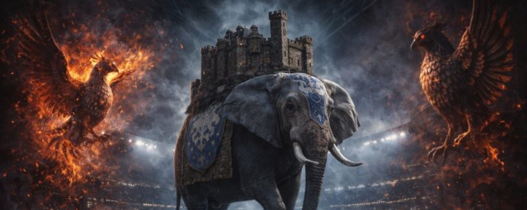 Mächtiger Elefant mit Burg auf dem Rücken balanciert auf einem leuchtenden hellblauen Fußball in einem Stadion, flankiert von zwei feurigen Phönixwesen.