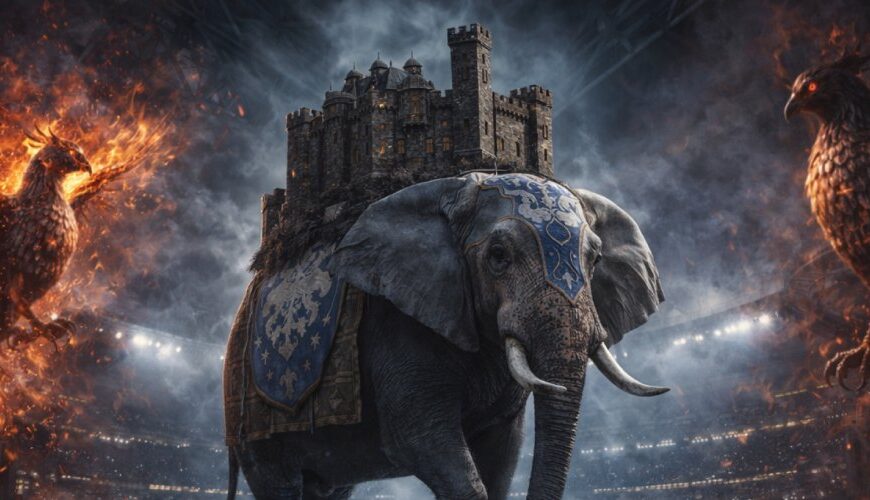 Mächtiger Elefant mit Burg auf dem Rücken balanciert auf einem leuchtenden hellblauen Fußball in einem Stadion, flankiert von zwei feurigen Phönixwesen.