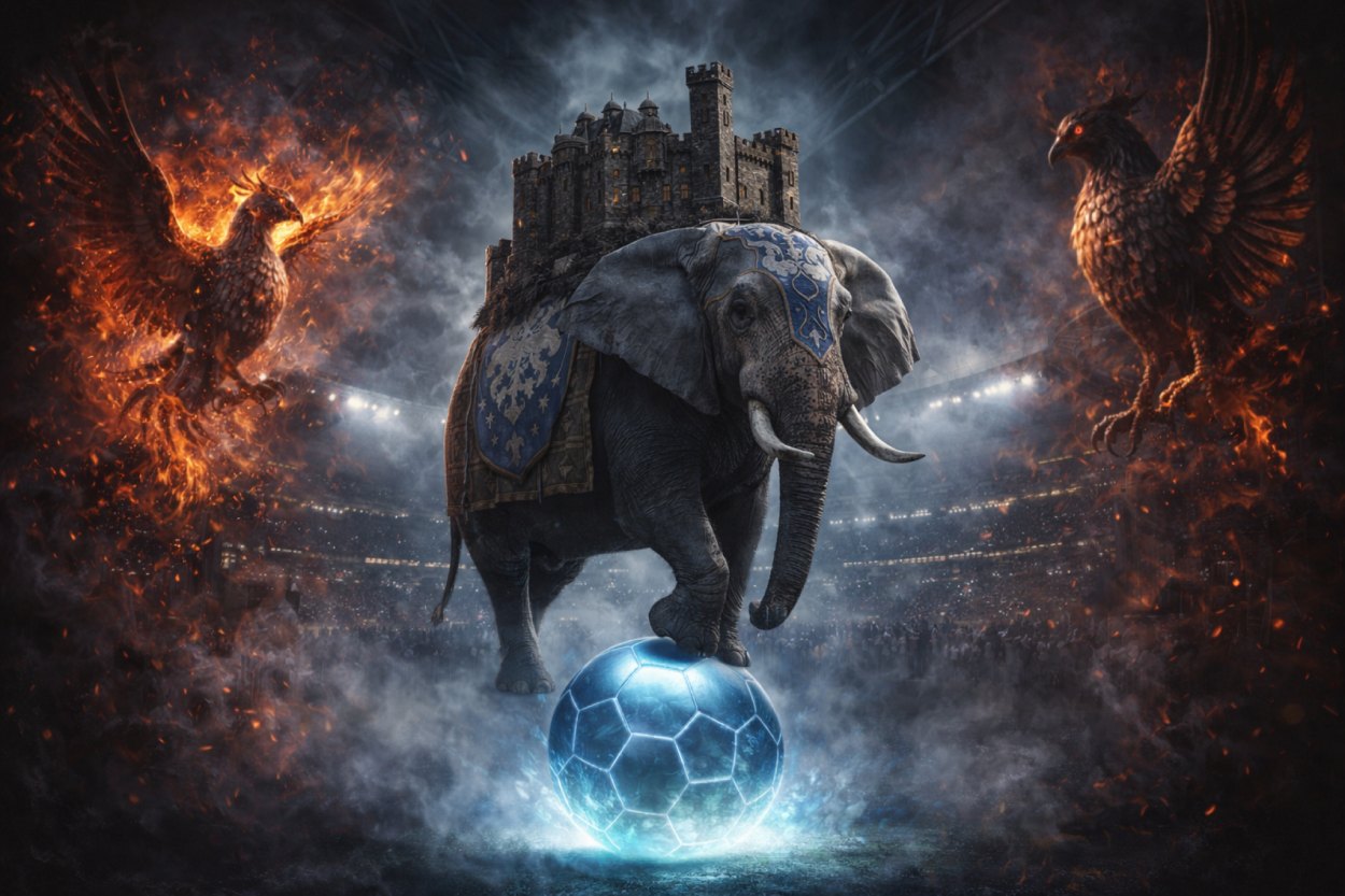Mächtiger Elefant mit Burg auf dem Rücken balanciert auf einem leuchtenden hellblauen Fußball in einem Stadion, flankiert von zwei feurigen Phönixwesen.