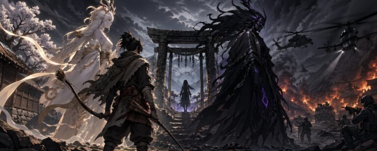 Daemons of the Shadow Realm als düsterer Fantasy-Anime mit jungem Jäger, übernatürlichen Daemons, brennendem Dorf und moderner Bedrohung am Himmel.