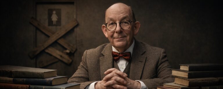 Denis Scheck sitzt hinter einem Wall aus alten Büchern, während im Hintergrund eine vernagelte Damentoilette als satirisches Symbol des Ausschlusses zu sehen ist.