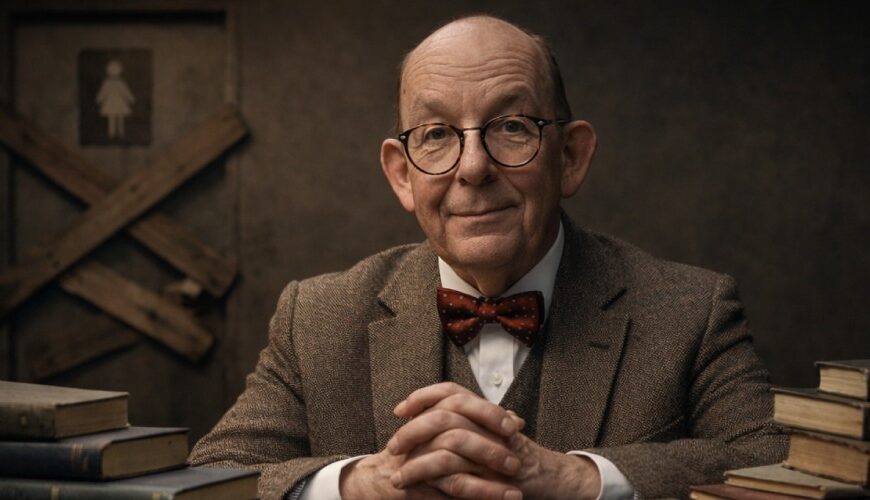 Denis Scheck sitzt hinter einem Wall aus alten Büchern, während im Hintergrund eine vernagelte Damentoilette als satirisches Symbol des Ausschlusses zu sehen ist.